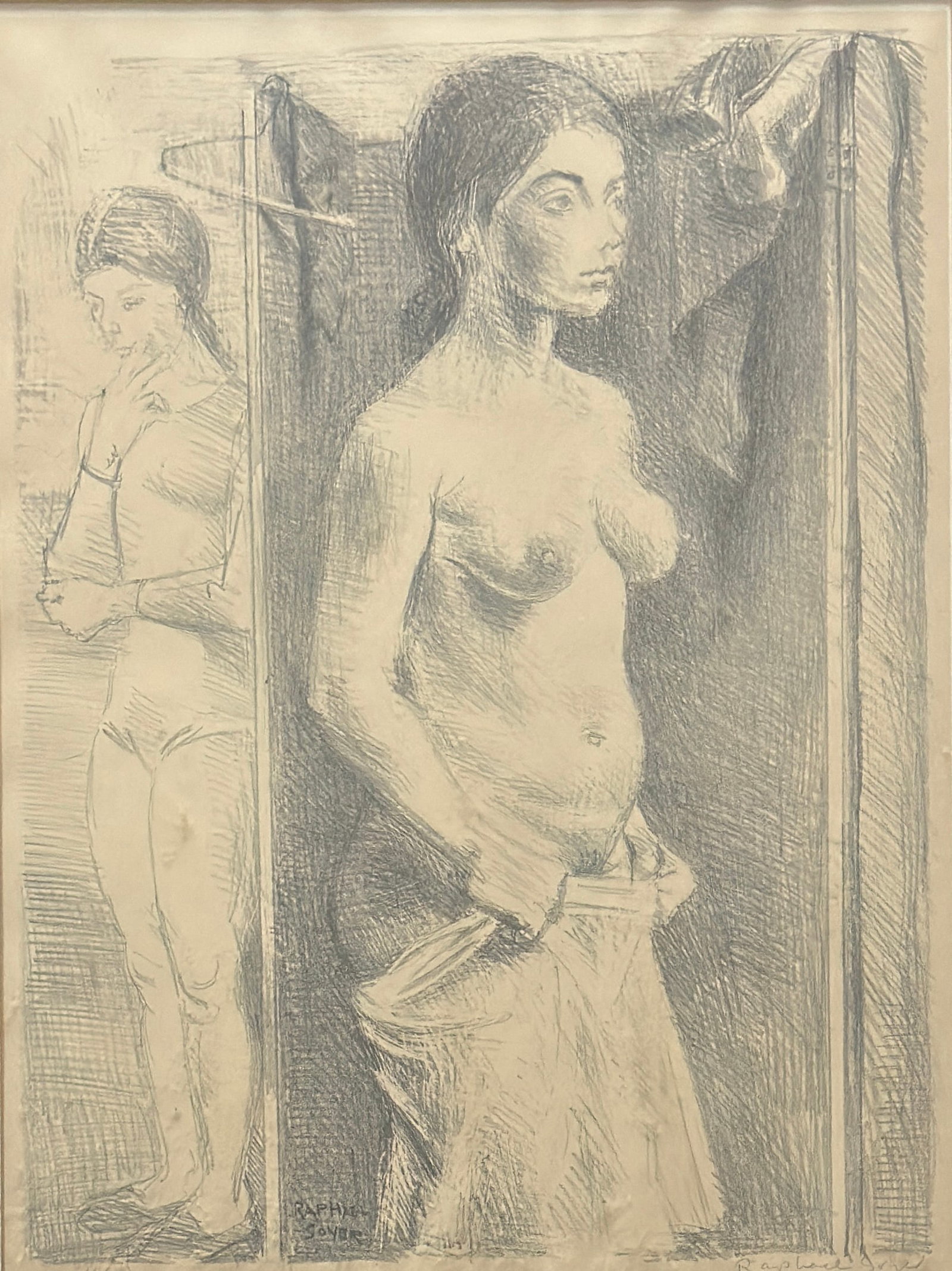 Raphael Soyer (1899 - 1987) American: Raphael Soyer (1899 - 1987) Signed & Numbered 41/100, measaures 26.5 x 22 inches w/frame. Born in Borisoglebsk, Russia in 1899, Raphael Soyer is identified as a Social Realist* painter because of his