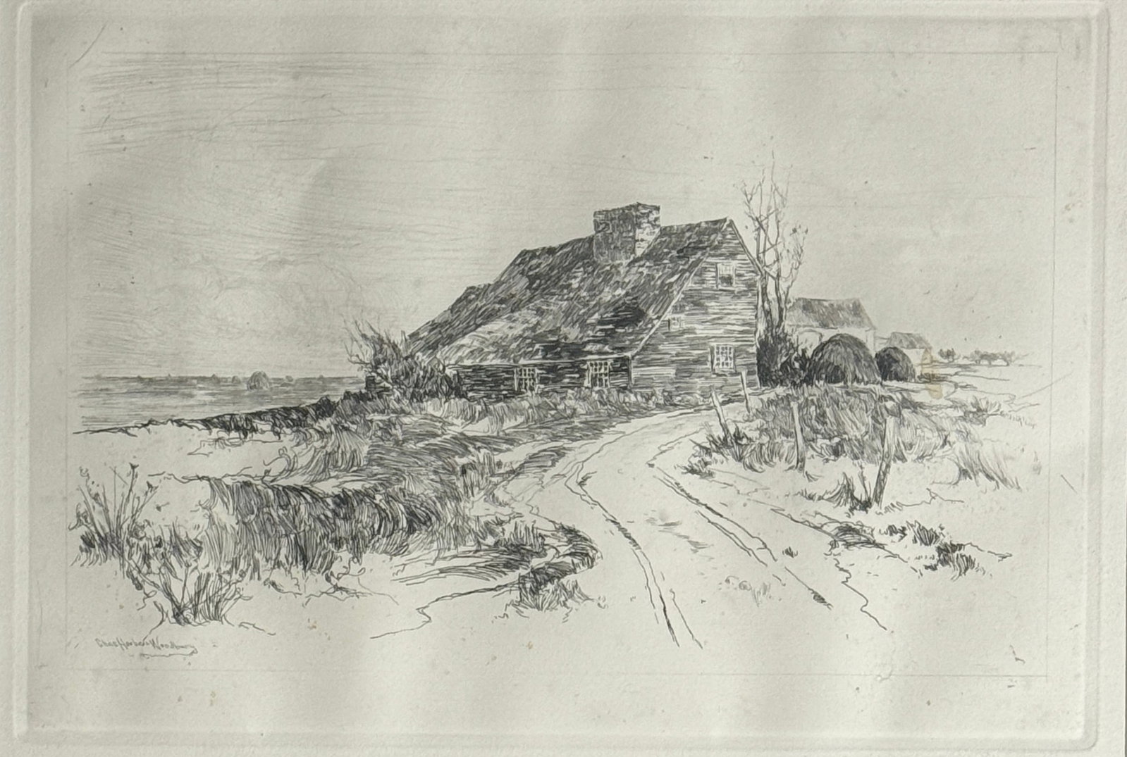 Charles Herbert Woodbury (1864 - 1940) "Nova Scotia Farm House": Charles Herbert Woodbury (1864 - 1940) "Nova Scotia Farm House" Etching Signed with pencil in lower left, titled and dated 1889' on verso. Measures 8 x 11.5 and 11.5 x 19.5 inches framed. Artist Bio