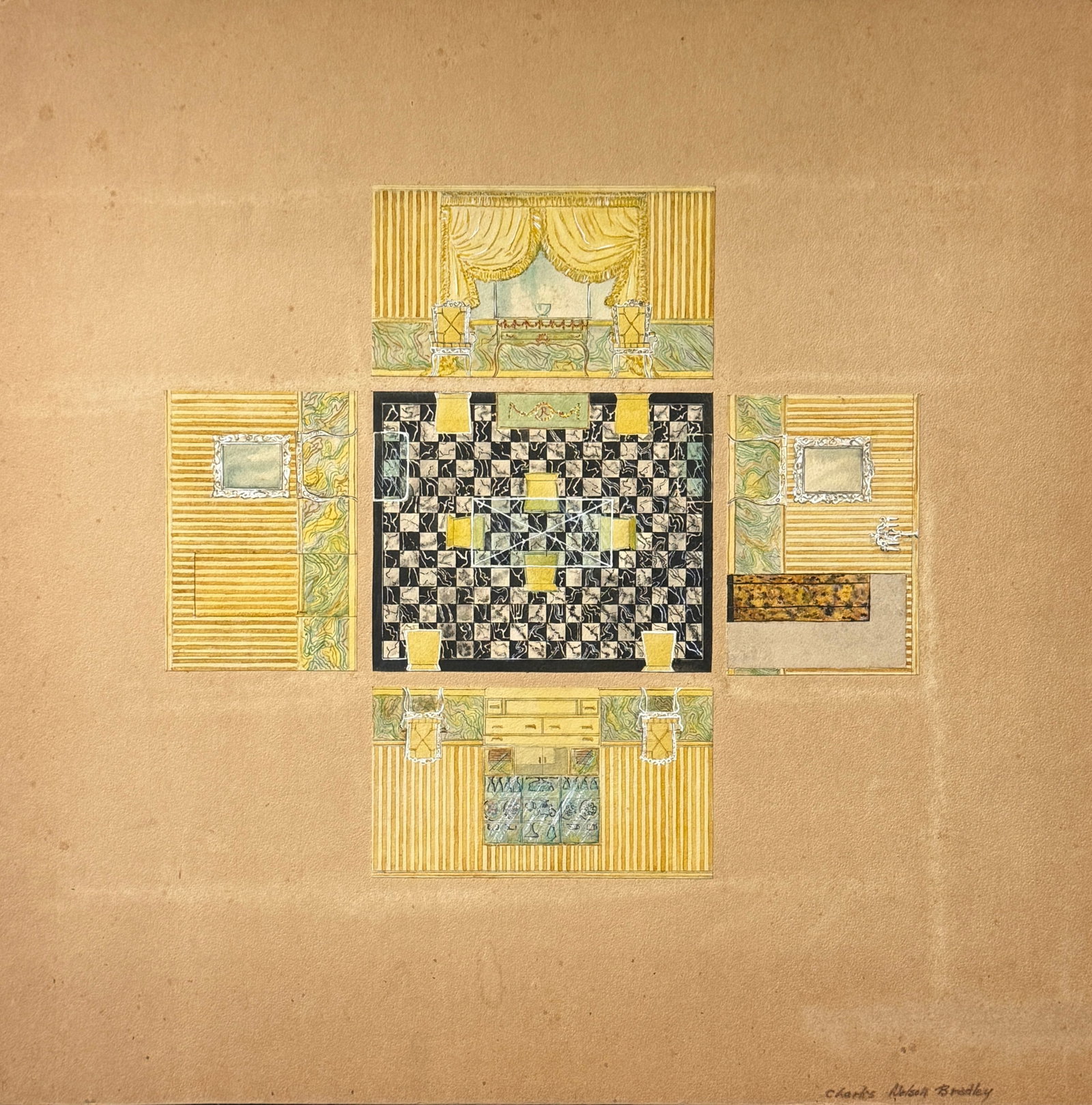 Charles Bradley (1925-2001) American, Architectural Interior Illustration: Charles Bradley (1925-2001) American, Architectural Interior Illustration. Ink and watercolor , Signed 17.5" x 18" unframed