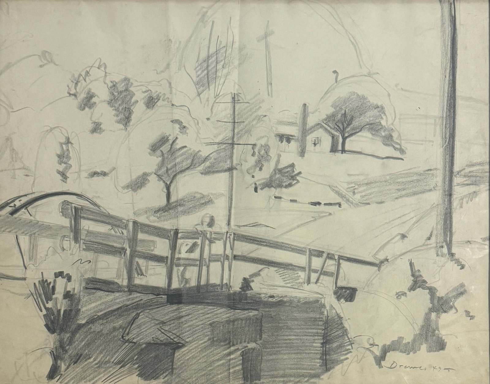 Werner Drewes (1899 - 1985) American: Werner Drewes (1899 - 1985) American ,ink and brush on paper, pencil Signed measures 15.5"x19.5" , w/f 19"x22"