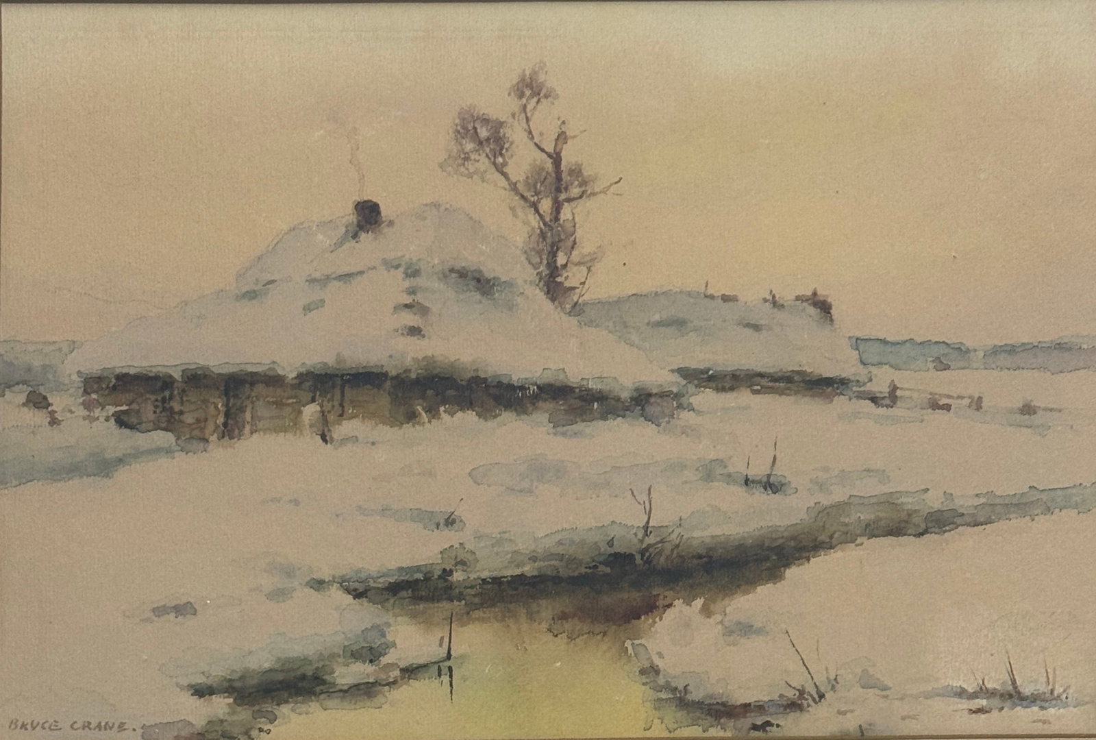 Bruce (Robert Bruce) Crane, American (1857 - 1937), winter landscape: Robert Bruce Crane (American/New York, 1857-1937) , "Winter Landscape", watercolor on paper, signed lower left,measures 8"x11.5" w/f 15"x18.5" Popular landscape painter, especially of golden toned