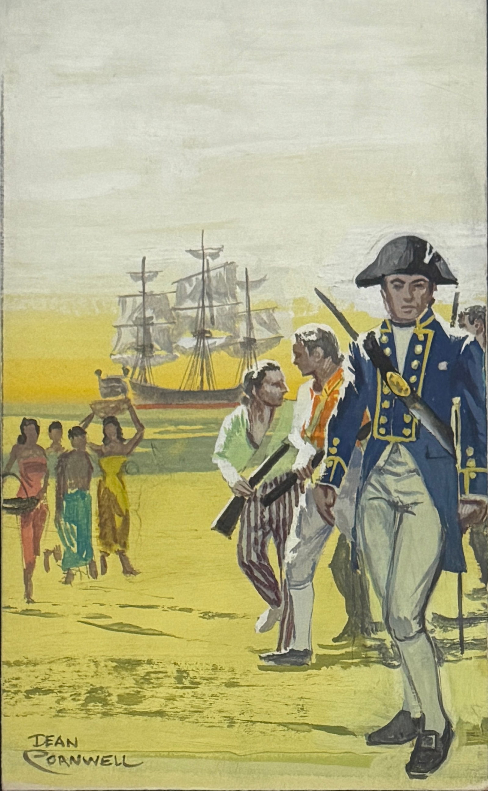 Dean Cornwell (1892 - 1960) American: Dean Cornwell (1892 - 1960) American , "Explorers Island "Mixed media on board Signed , measures 7"x4" w/f 13.5"x11" In the shadow of Louisville's burgeoning industries, Dean Cornwell (1892–1960)