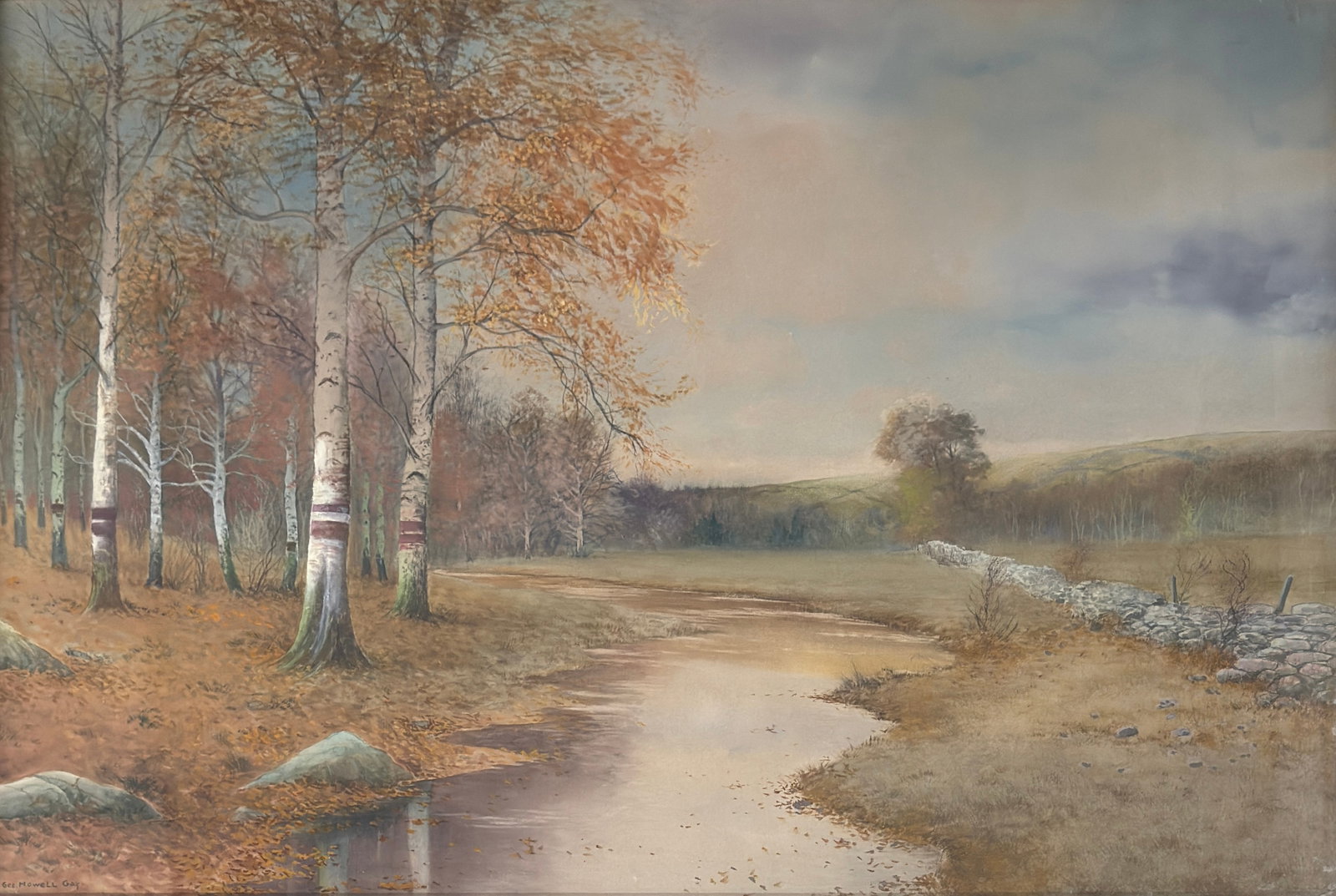 George Howell Gay (1858 - 1931) Woodlands + Stream: George Howell Gay (1858 - 1931) Woodlands + Stream Watercolor on paper, signed lower left, piece measures 24 x 35 and 41 x 30 inches with gilded wood frame and original antique glass. Artist was an Am