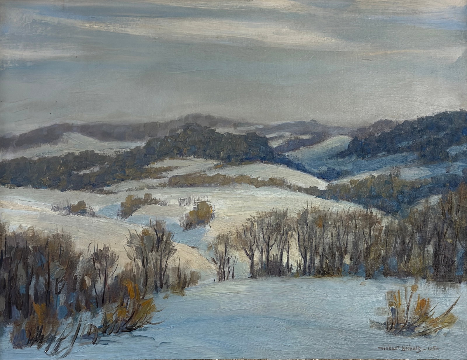 Hobart Nichols ( 1869-1962 ) Snow Scene: Hobart Nichols ( 1869-1962 ) Snow Scene Oil on canvasboard, signed lower right, measures 14 x 18 and 19 x 23.5 inches framed. A painter and illustrator, Nichols was a member of quite an artistic famil