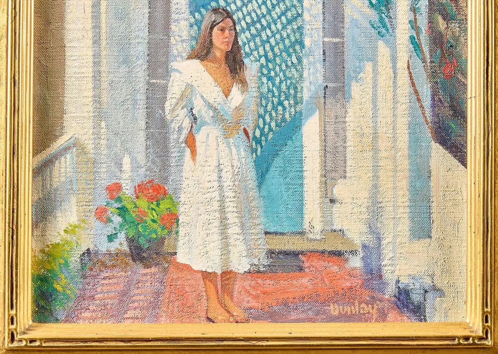 THOMAS R. DUNLAY (Born. 1951) "Nantucket Doorway, Quince St.": THOMAS R. DUNLAY (Nantucket, 20th c) "Nantucket Doorway, Quince St.", oil on canvas 13 1/4 x 12 inches, signed lower right. Artist inscription on verso regarding portrayed person. Housed in a custom "