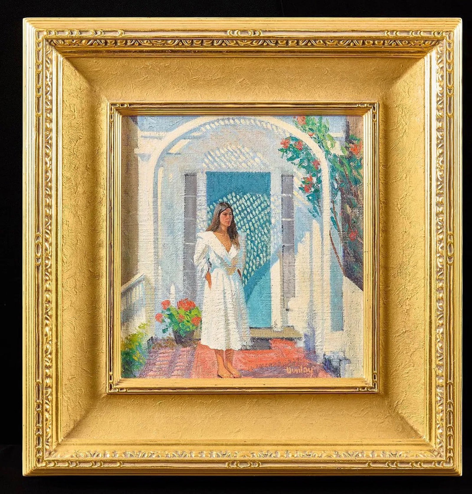 THOMAS R. DUNLAY (Born. 1951) "Nantucket Doorway, Quince St.": THOMAS R. DUNLAY (Nantucket, 20th c) "Nantucket Doorway, Quince St.", oil on canvas 13 1/4 x 12 inches, signed lower right. Artist inscription on verso regarding portrayed person. Housed in a custom "