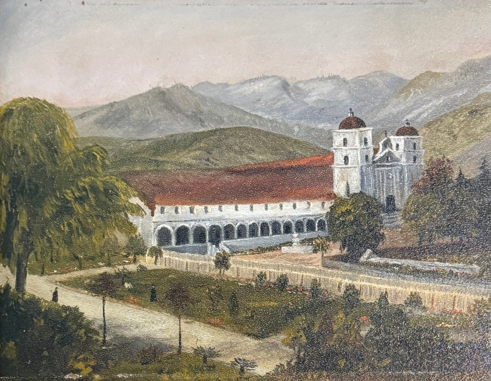 Mary Jones (Mamie) Noble( 1871 - 1958) " Santa Barbara Mission": Mary Jones (Mamie) Noble( 1871 - 1958) " Santa Barbara Mission" Oil on panel Signed Lower Right 1911 measures 12"x15" w/f 13"x16"Noble, Mary (Mamie) Cornelia (Jones) (Mrs. Joseph V. Noble) (1871-1958)
