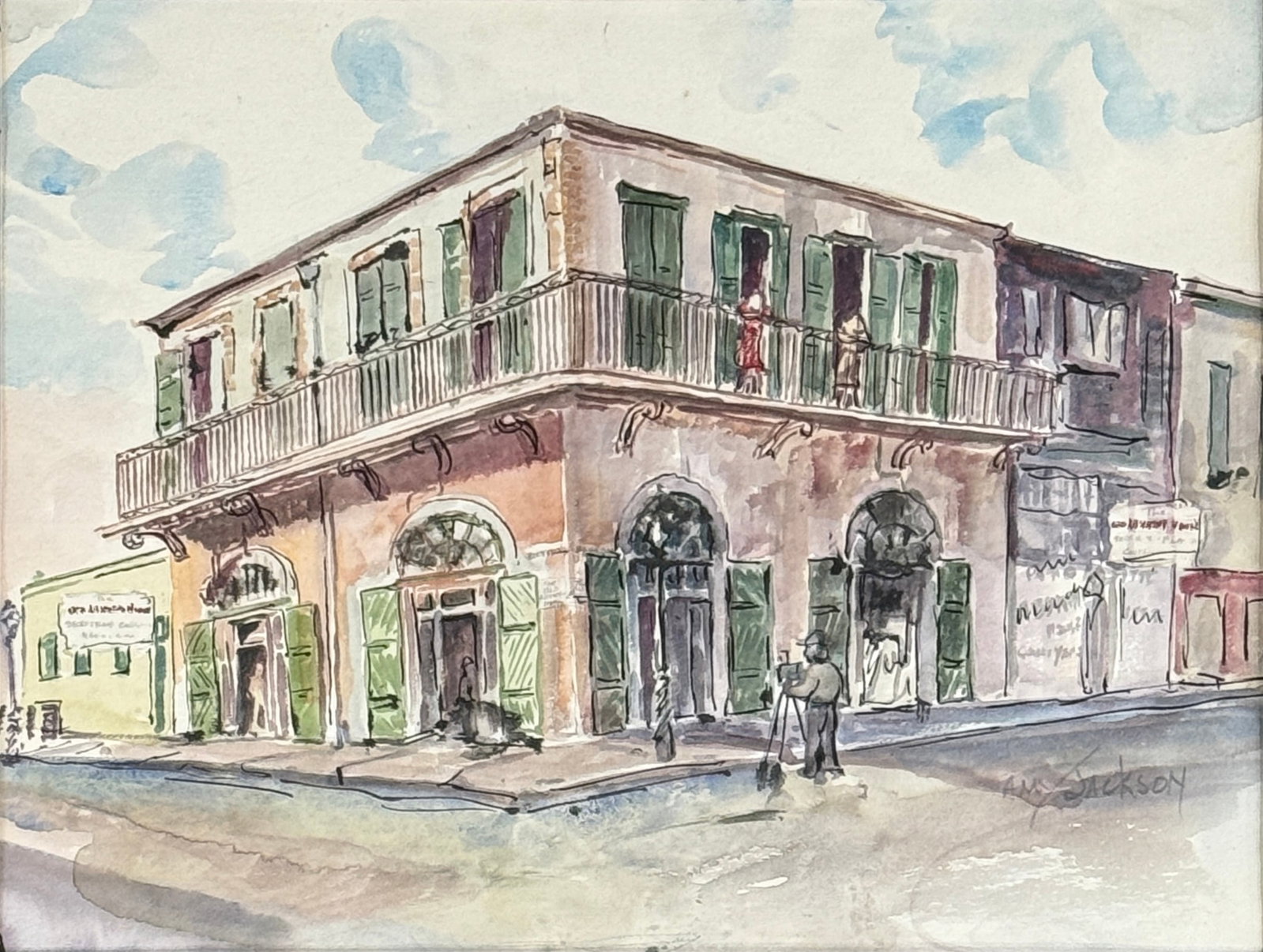 Amy Jackson (American, 1903-1970) "Old Absinthe House": Amy Jackson (American, 1903-1970) "Old Absinthe House" Watercolor on paper, signed lower right and inscribed on back "Old Absinthe House 240 Bourbon St. 1943/1944", piece measures 10.5 x 13 and 18 x