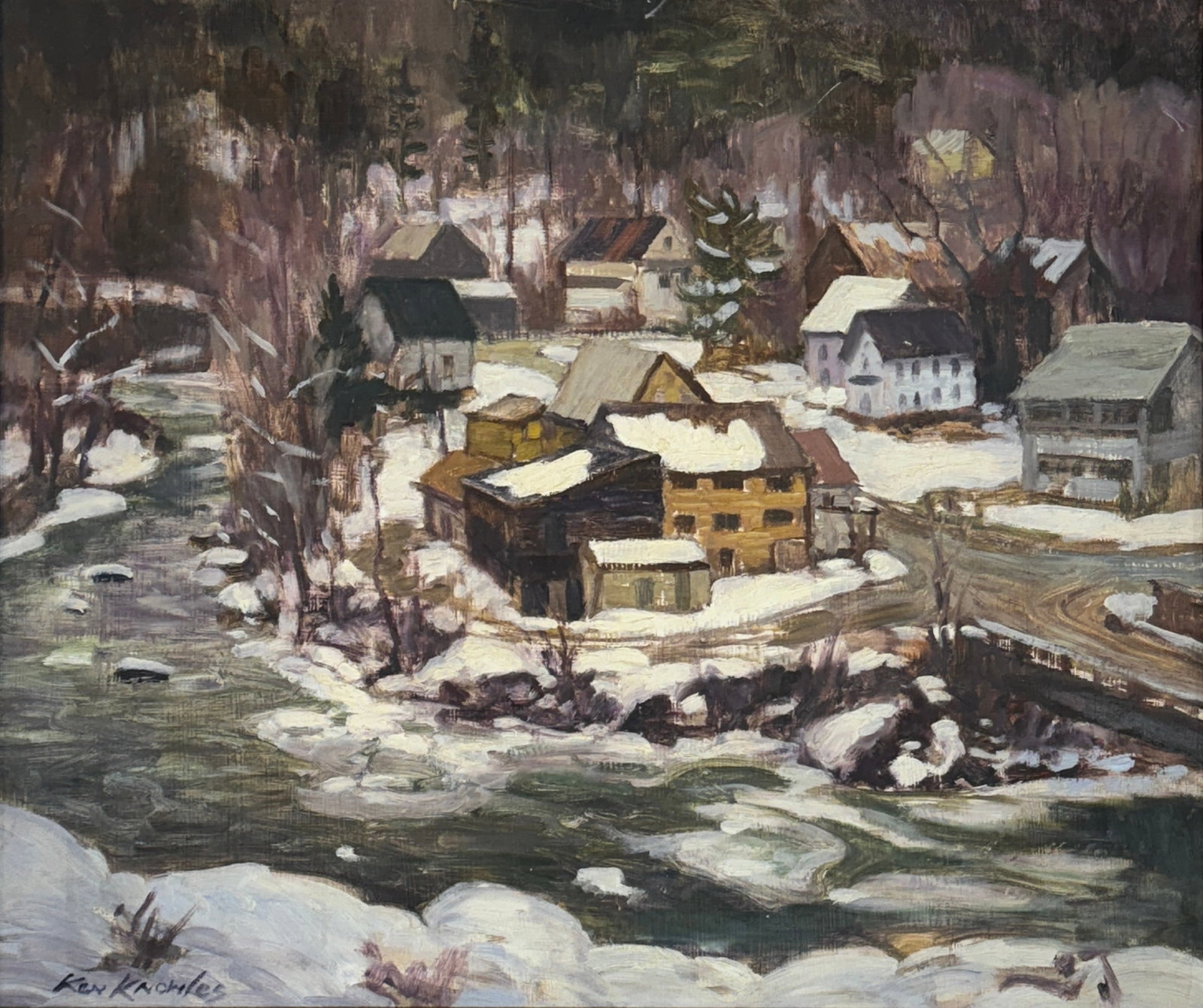 Ken Knowles (Born 1968) "River Town in Winter": Kenneth Knowles (Born 1968) Oil on board depicting and rightfully titled "River Town in Winter", signed lower left, piece measures h. 20 w. 24 in.and 26-3/4 x 30 in. (frame). Ken Knowles has been