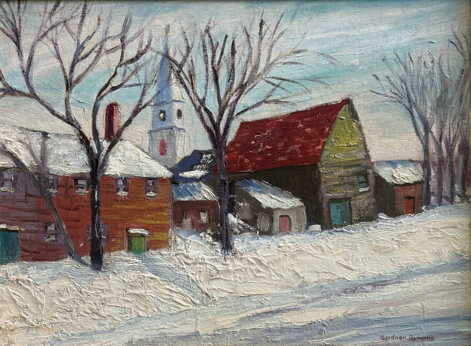 George Gardner Symons(1861 - 1930) American: George Gardner Symons(1861 - 1930) American "Country Road in Winter" Oil on Board , Signed measures 11.5"x15", w/f 14"x18"A landscape and marine artist, George Symons was one of America's more noted