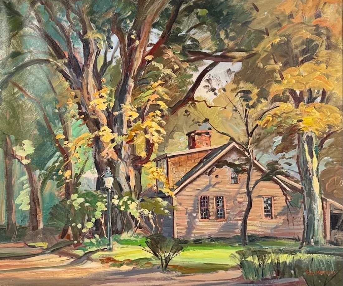 Stephen George Maniatty (1910 - 1984) "Little Brown House on Albany Road" Old Deerfield, MASS: Stephen George Maniatty (1910 - 1984) "Little Brown House on Albany Road" Old Deerfield, MASS, Oil on canvas, signed lower right, titled and signed on verso. Stephen George Maniatty was born in Norwic