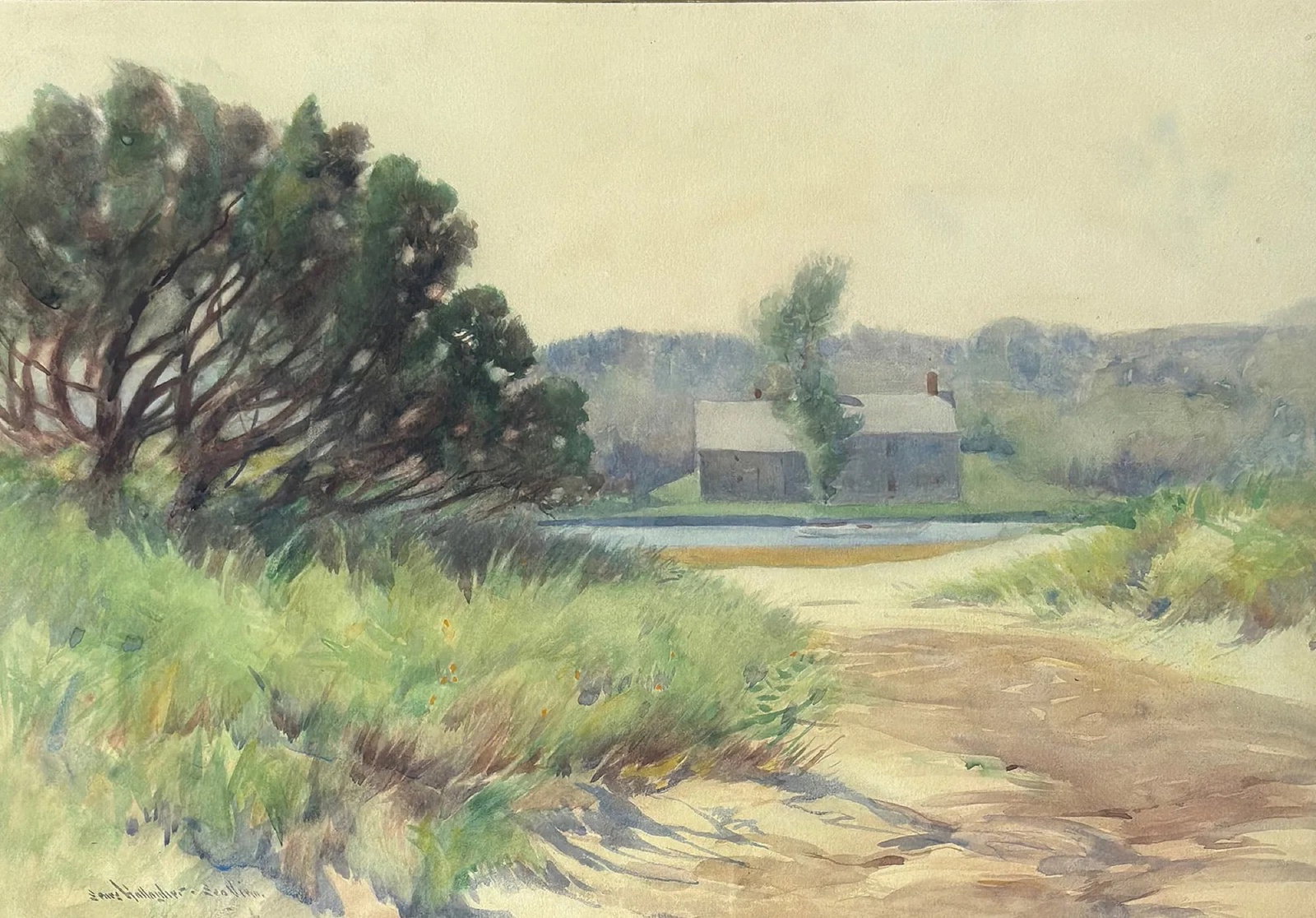 Sears Gallagher (1869 - 1955) "Sea View": Sears Gallagher (1869-1955) Watercolor on paper, signed lower left "Sears Gallagher" and what seems to be "Sea View", piece measures 14 x 20 and 22.5 x 28.5 inches with gilt mat and giltwood frame.