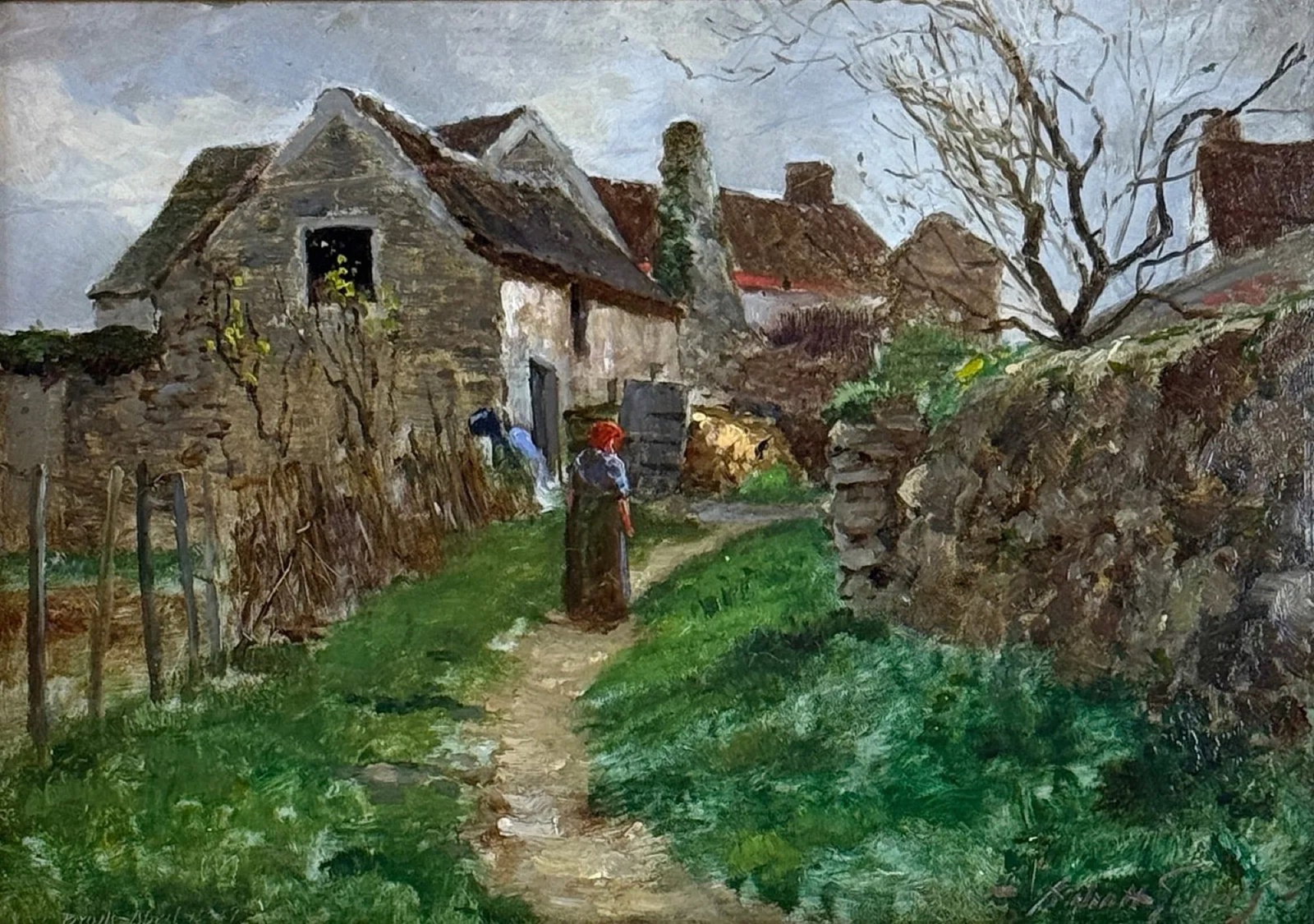 Abbott Fuller Graves (1859-1936) WALKING THE PATH TO THE HOUSE: Abbott Fuller Graves (1859-1936) WALKING THE PATH TO THE HOUSE, OIL ON PANEL, SIGNED LOWER RIGHT, FRAMED. 9-1/4 X 13