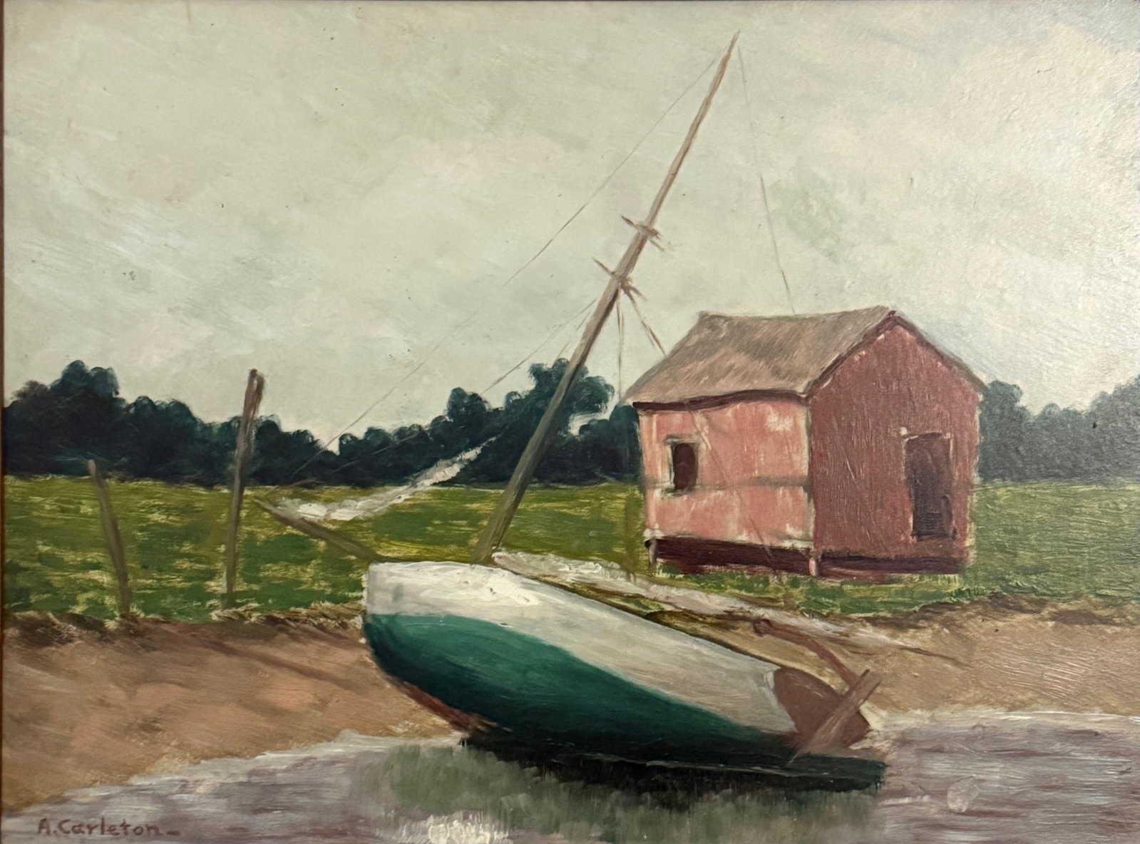 Anne W Carleton ( 1878-1968 ) American: Anne W Carleton ( 1878-1968 ) Oil on board, signed lower right, measures 9 x 12 and 12 x 14.5 inches framed.Born in Atkinson, New Hampshire, Anne Carleton became known for her paintings of beach