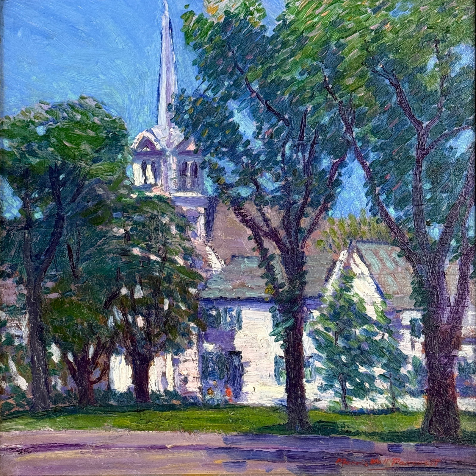 Morris Hall Pancoast (1877-1963) "The Village Church": Morris Hall Pancoast (1877-1963) Oil on board depicting the VIllage Church in Rockport, signed lower right and on verso twice as well as retaining two labels from the Boston Art Club and one from the 