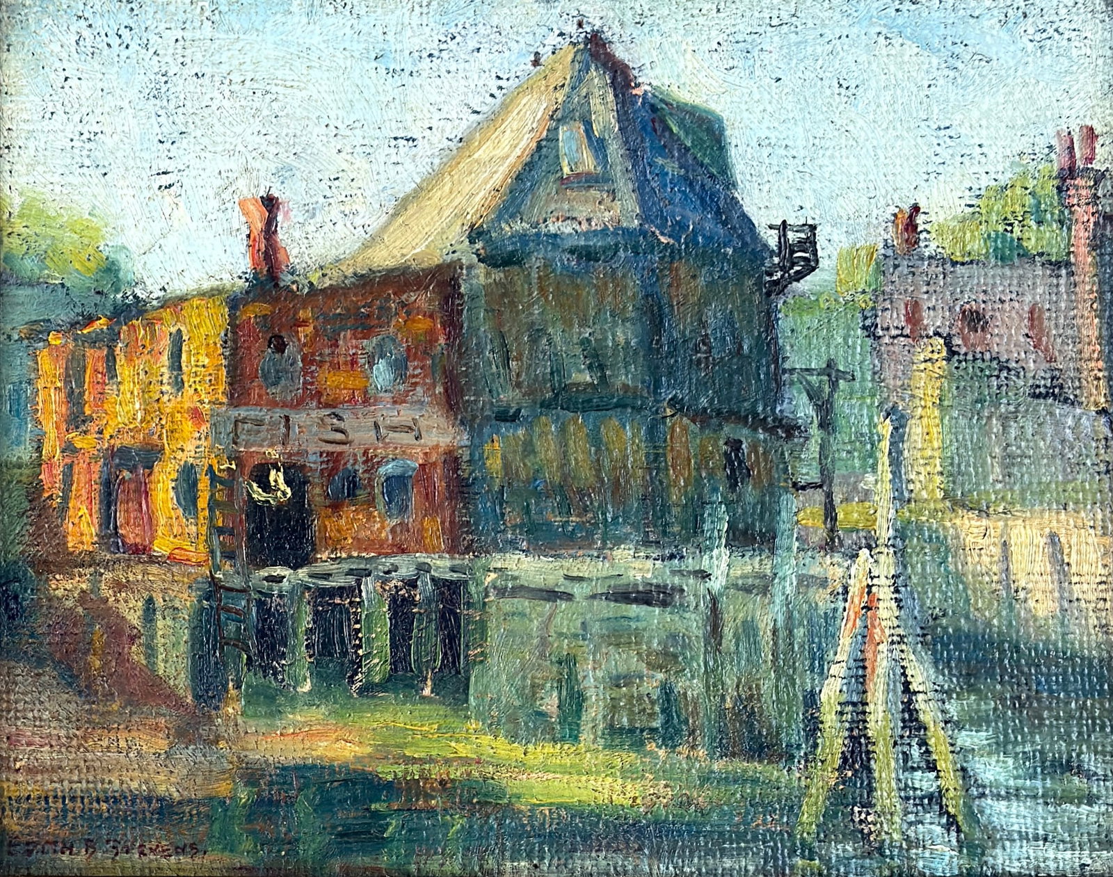 Edith Briscoe Stevens (1898 - 1931) American: Edith Briscoe Stevens (1898 - 1931) Oil on canvas panel, signed lower left, piece measures 9 x 11.5 and 12.5 x 15 inches w/frame. Edith Briscoe Stevens was born in Philadelphia in January, 1898, and l