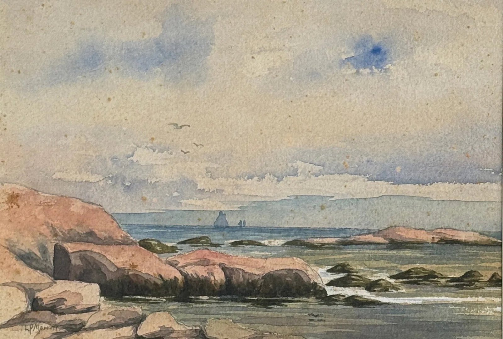 Louisa P. Merritt (1858 - 1932) American: Louisa P. Merritt (1858 - 1932) Watercolor on paper, signed lower left, measures 6.5 x 9.5 and 13.5 x 16.5 inches w/frame. Louisa P. Merritt was born in Massachusetts in 1858. Merritt lived in Minot,