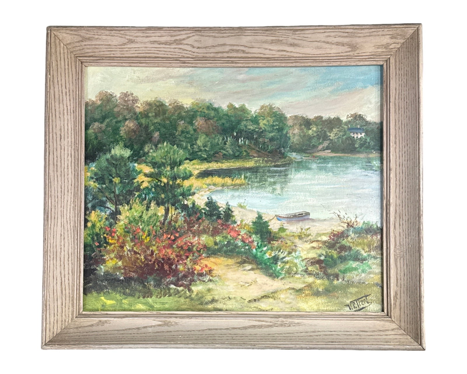 Victor Pedrotti Trent (1891-) "Moll's Pond, Eastham, Mass (Cape Cod)": Victor Pedrotti Trent (1891-) Oil on Canvas Board, signed lower right, titled on verso "Moll's Pond, Eastham, Mass ( Cape Cod)" and dated 1954 as well as signed, piece measures 20 x 24 and 25 x 29