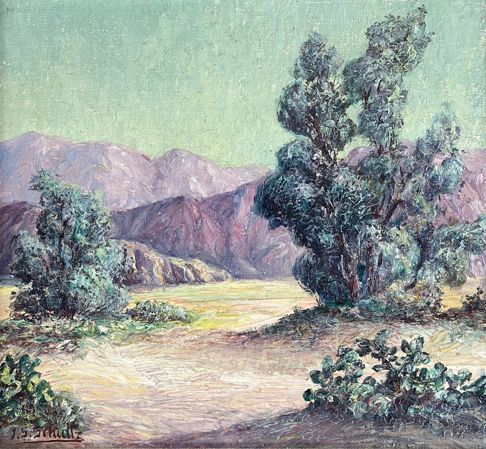 J. S. Schultz (American, 20th C.) Western Landscape: J. S. Schultz (American, 20th C.) Oil on masonite, signed lower left, piece measures 10.75 x 11.75 and 16 x 17.75 inches w/frame. Artist was an impressionistic painter of Western and Southwestern