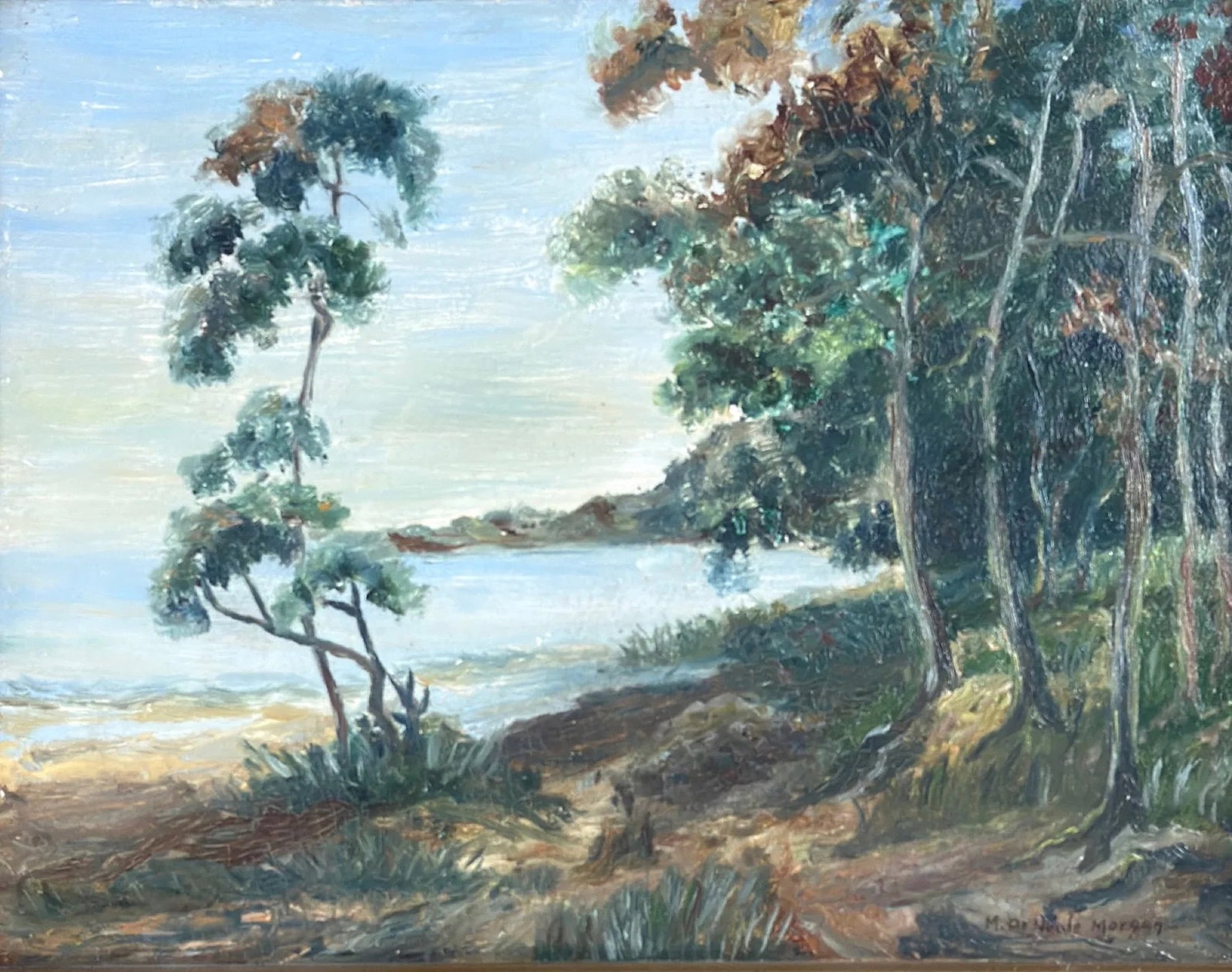 Mary DeNeale Morgan (1868 - 1948) Carmel: Mary DeNeale Morgan (1868 - 1948) Carmel, oil on board signed lower right, piece measures 6.5 x 8 and 12.5 x 15.5 inches w/ frame.Mary DeNeale Morgan (1868–1948) was a prominent California