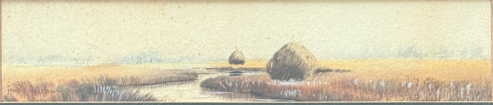 Louis Kinney Harlow ( 1850 - 1913) American: Louis Kinney Harlow ( 1850 - 1913)Watercolor, signed lower left, measures 3"x12" w/f 10,5"x20"Louis Kinney Harlow — painter and etcher — known for New England landscapes, fishermen, farms, boats,