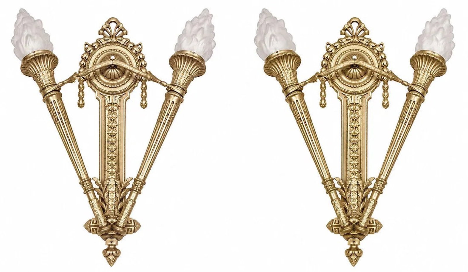 Pair of Antique Empire Style Gilt Bronze Two-Light Wall Sconces with Flame Shades (1 of 5)