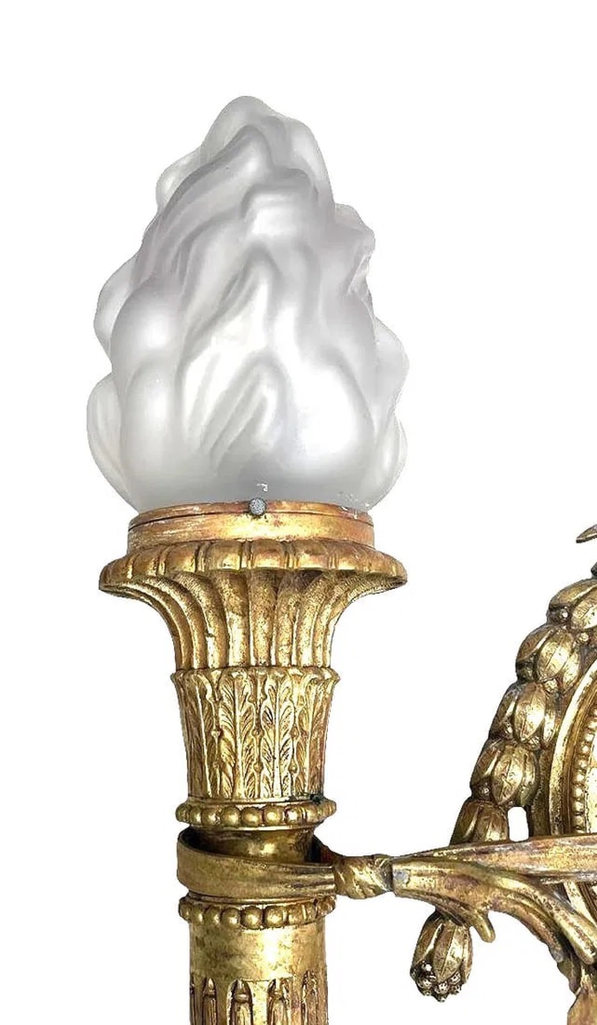Pair of Antique Empire Style Gilt Bronze Two-Light Wall Sconces with Flame Shades (1 of 4)