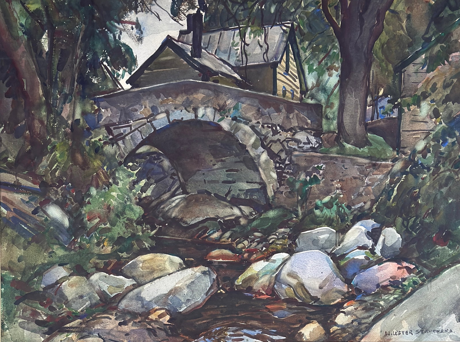 William Lester Stevens (1888 - 1969) Bridge in Vermont 1949: William Lester Stevens (1888 - 1969) Bridge in Vermont 1949, signed lower right and on verso as well as dated, watercolor on paper, piece measures 21 x 28 and 34 x 41 inches w/frame. Born in