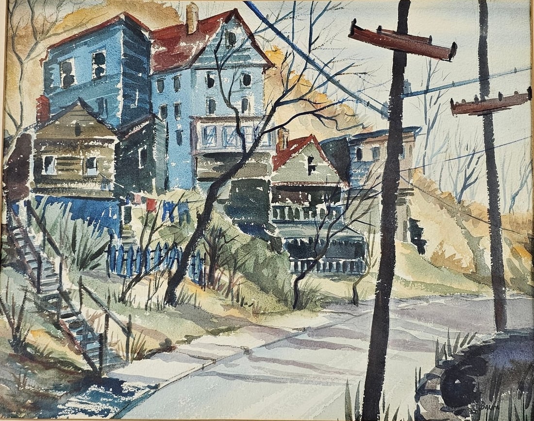 Walter Emerson Baum (1884 - 1956) American “ Street Scene”: Walter Emerson Baum (1884 - 1956) American ,Watercolor on paper , Signed Baum measures 24”x30” w/f 28”x33”