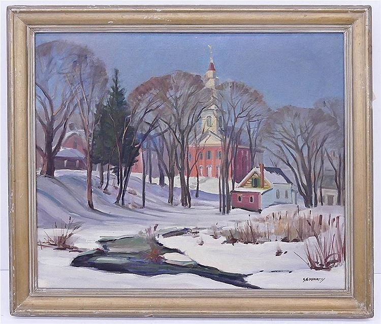 Stephen Maniatty (1910-1984) New England: Stephen Maniatty (1910-1984 American) New England Winter Scene Oil on Canvas 25''x30'' Image. A colorful impressionist scene with stream and church. Signed lower right, Original frame 29''x34''. Excel