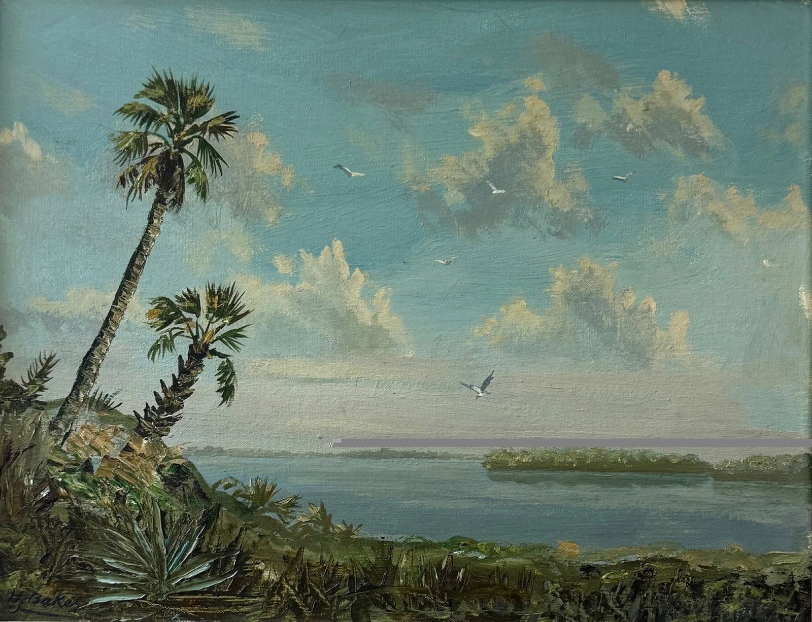 Hezekiah Hudson Baker (1940 - 2007) "The Cove": Hezekiah Hudson Baker (1940 - 2007) "The Cove" Oil on canvasboard, signed lowerleft, titled on verso. Measures 14 x 17.5 and 17 x 21 inches framed.