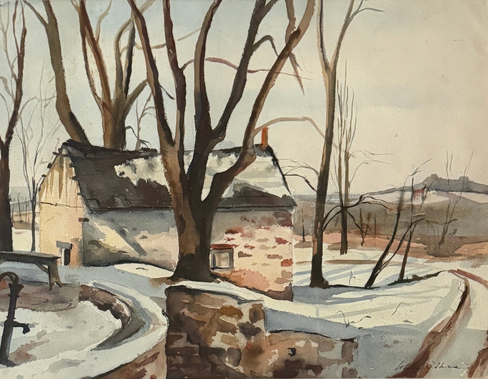 John O'Shea (1876 - 1956) American: John O'Shea (1876 - 1956) Watercolor on paper, signed lower right, measures 14 x 18 and 20 x 24 inches framed. O'Shea, born in Ballintaylor, Dungarvan (Waterford County), Ireland on October 15, 1876,