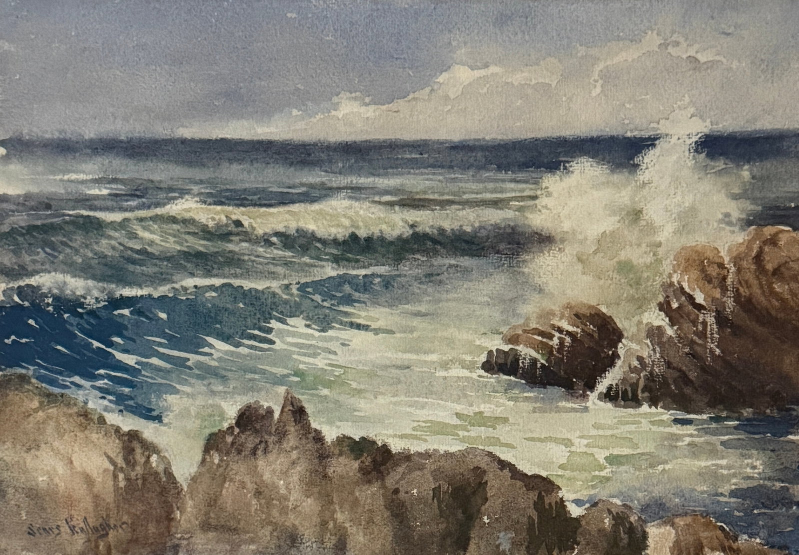 Sears Gallagher (1869- 1955) Coastal Scene: Sears Gallagher (1869- 1955) Coastal Scene, Watercolor and gouache on paper, signed lower left, measures 9.5 x13.5 and 18.5 X 21 inches framed. Sears Gallagher was a Boston painter who is counted in