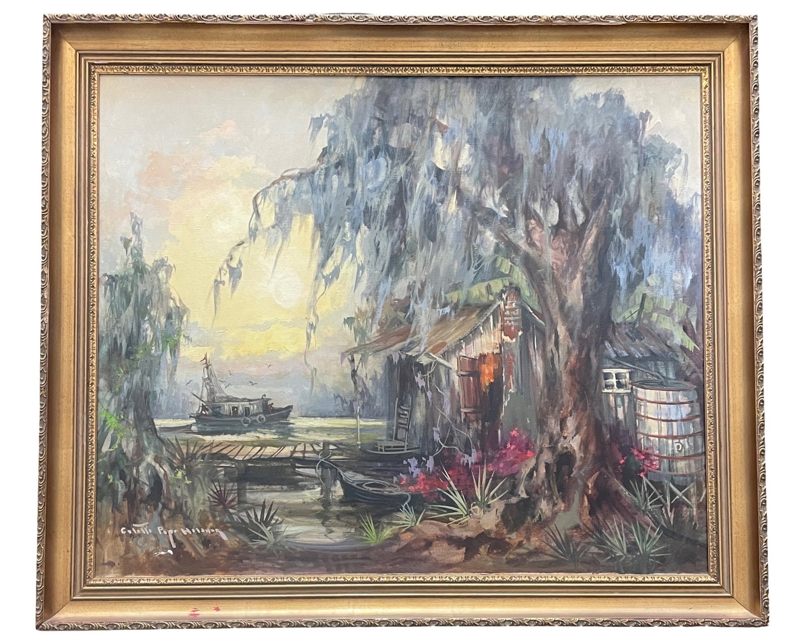Colette Pope Heldner (American/Louisiana) " Swamp Idyll ": Colette Pope Heldner (American/Louisiana, 1902-1990) "Swamp Idyll", signed lower left, signed and titled verso, 30" x 36".w/frame 35"x41" Presented in a giltwood