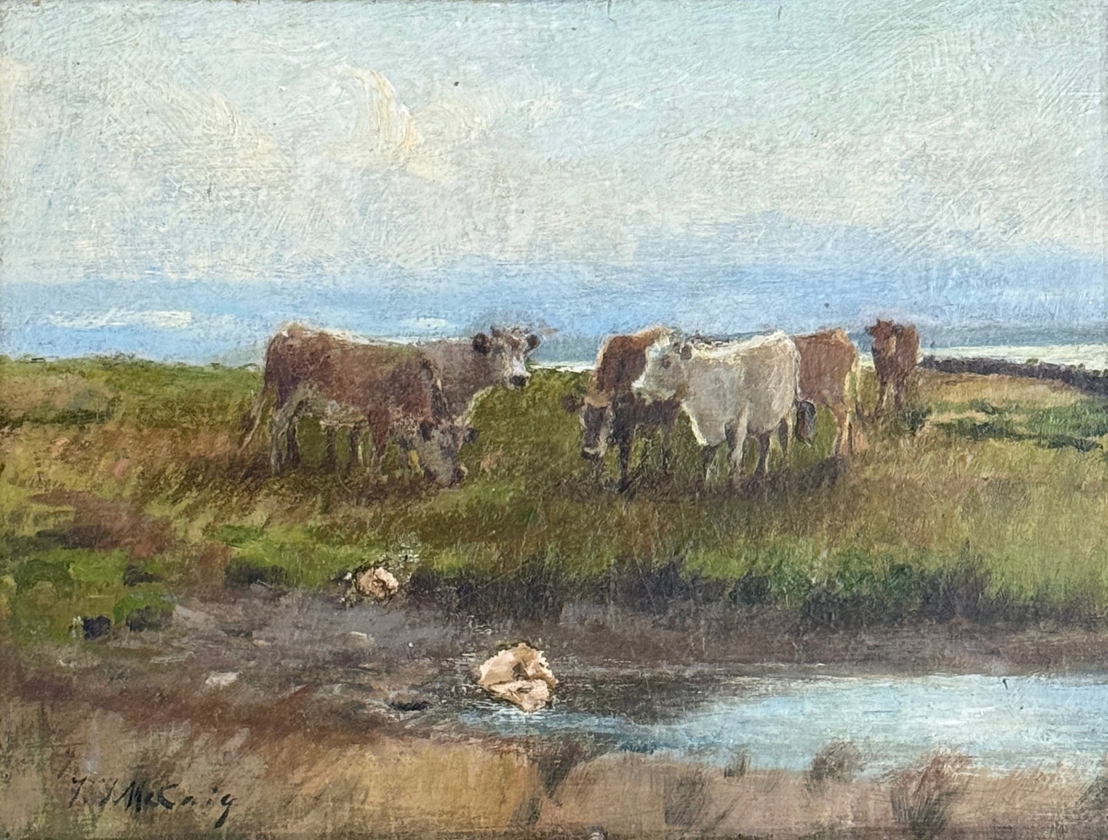 Flora Thomas McCaig (1856-1933), Cows in Field`: Flora Thomas McCaig (Am. 1856-1933) Cows in Field, Oil on board, signed at lower left "F. T. McCaig," presented in the likely original gilt composition frame; piece measures 9.5 x 12 and 17.5 x 20