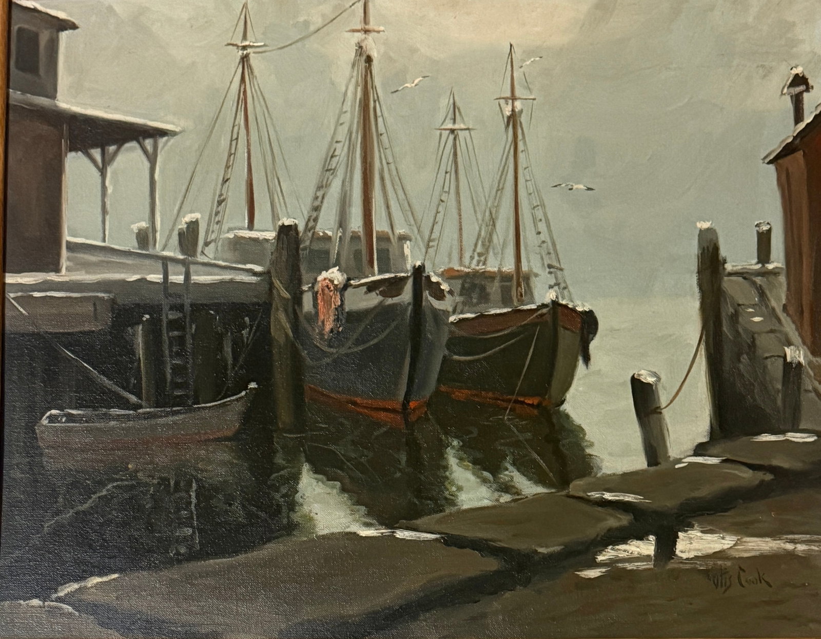Otis Pierce Cook Jr (1900-1980) HARBOR SCENE: Otis Pierce Cook Jr (1900-1980) Oil on canvasboard, signed16 x 20 and 19 x 23 inches framed. Born in New Bedford, Massachusetts, Otis Cook settled in Rockport. He studied at the Swain School of Design