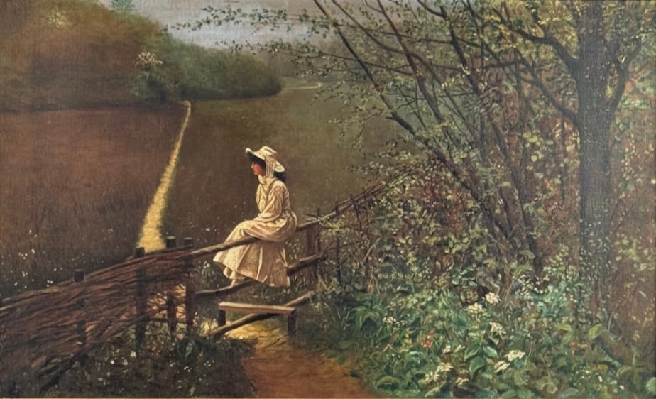 19th Century Unsigned Pastoral Landscape with Figure, Oil on Canvas: 19th Century Unsigned Pastoral Landscape with Figure, oil on canvas, piece measures 17 x 28 and 23 x 34 inches with matching period gilt colored frame. Painted in a realistic approach likely American 
