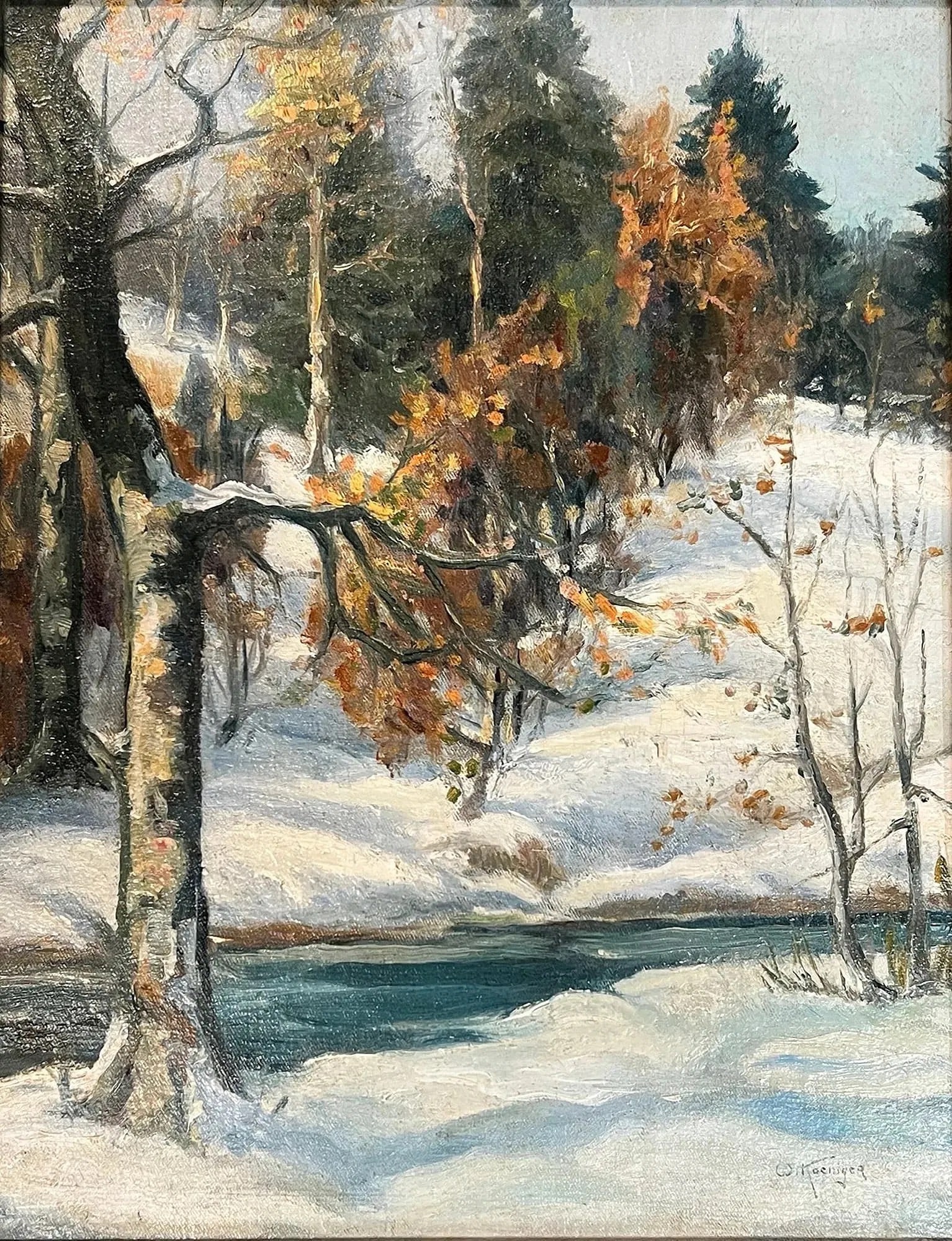 Walter Koeniger (1881 - 1943) New York / Germany: Walter Koeniger (1881 - 1943) Oil on canvasboard, signed lower right "W. Koemiger", piece measures 18 x 14 and 17 x 21.5 inches w/ frame. Known as "the Painter of Snow," Walter Koeniger was the son