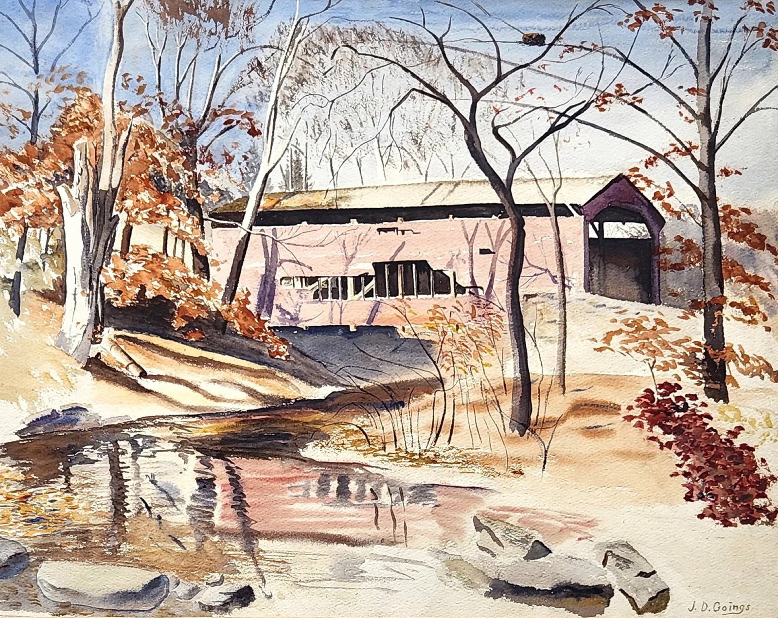 J.D. Goings Signed Watercolor Landscape with Barn and Winter Stream (1 of 4)