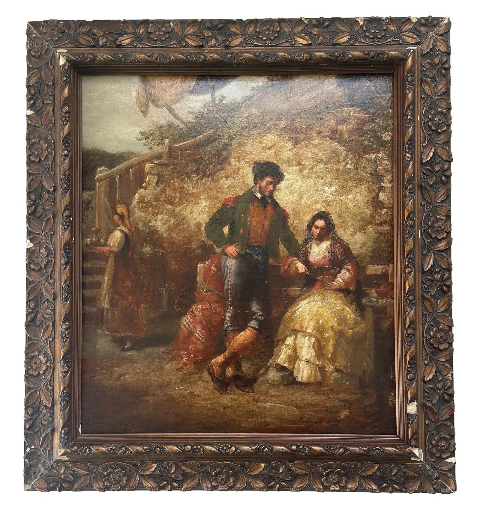 Jules Worms (1832 - 1924) France, Spain: Jules Worms (1832 - 1924) Oil on board, signed lower right right, measures 21.5 x 19 and 27.5 x 24 inches w/frame. During the 19th century a type of gallant painting was developed, in which luxurious 