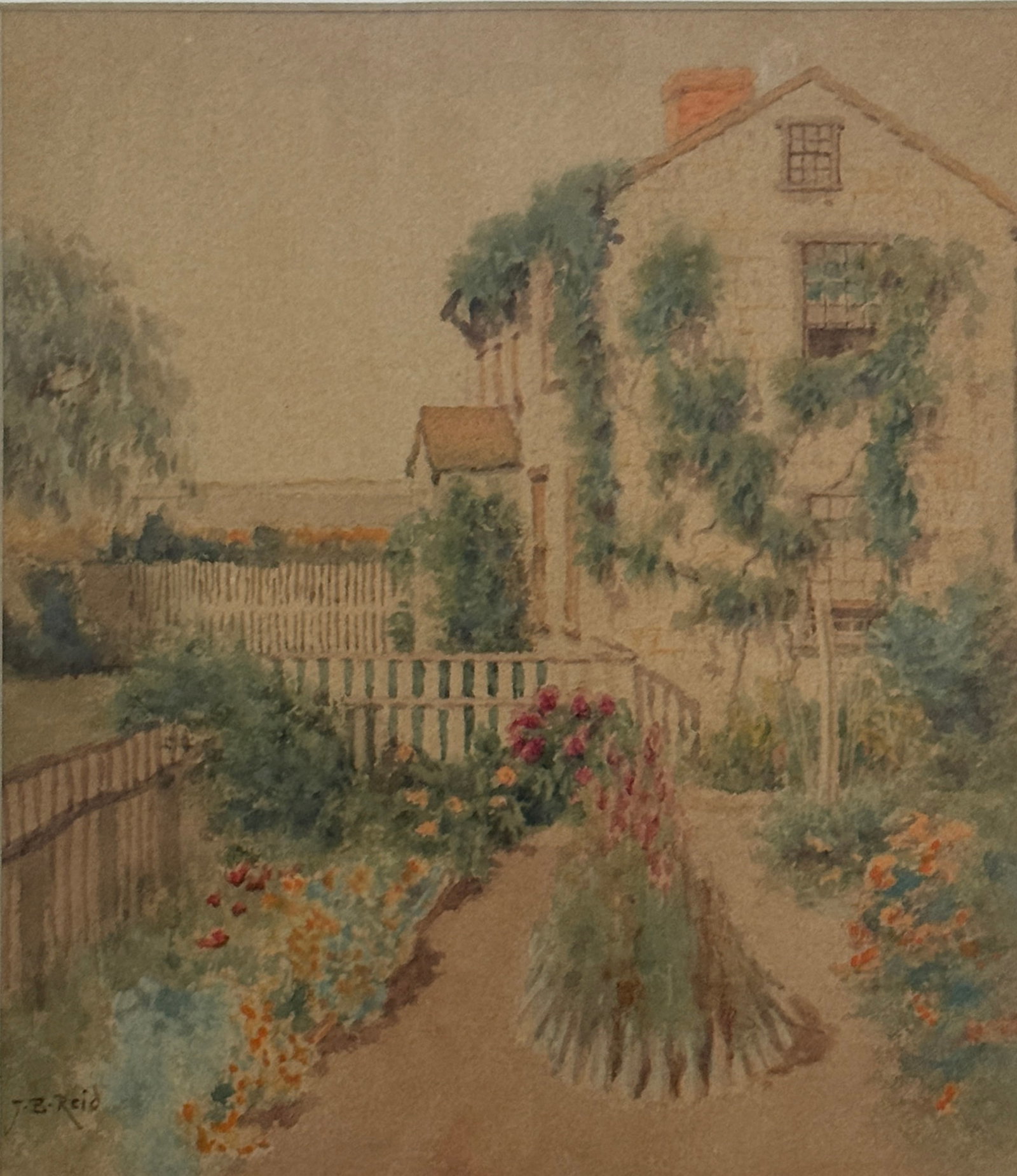 Jane Brewster Reid (1862 - 1966) American: Jane Brewster Reid (1862 - 1966) Watercolor on paper, signed lower left, measures 8 x 7 and 13 x 11 x 1 inches w/frame.