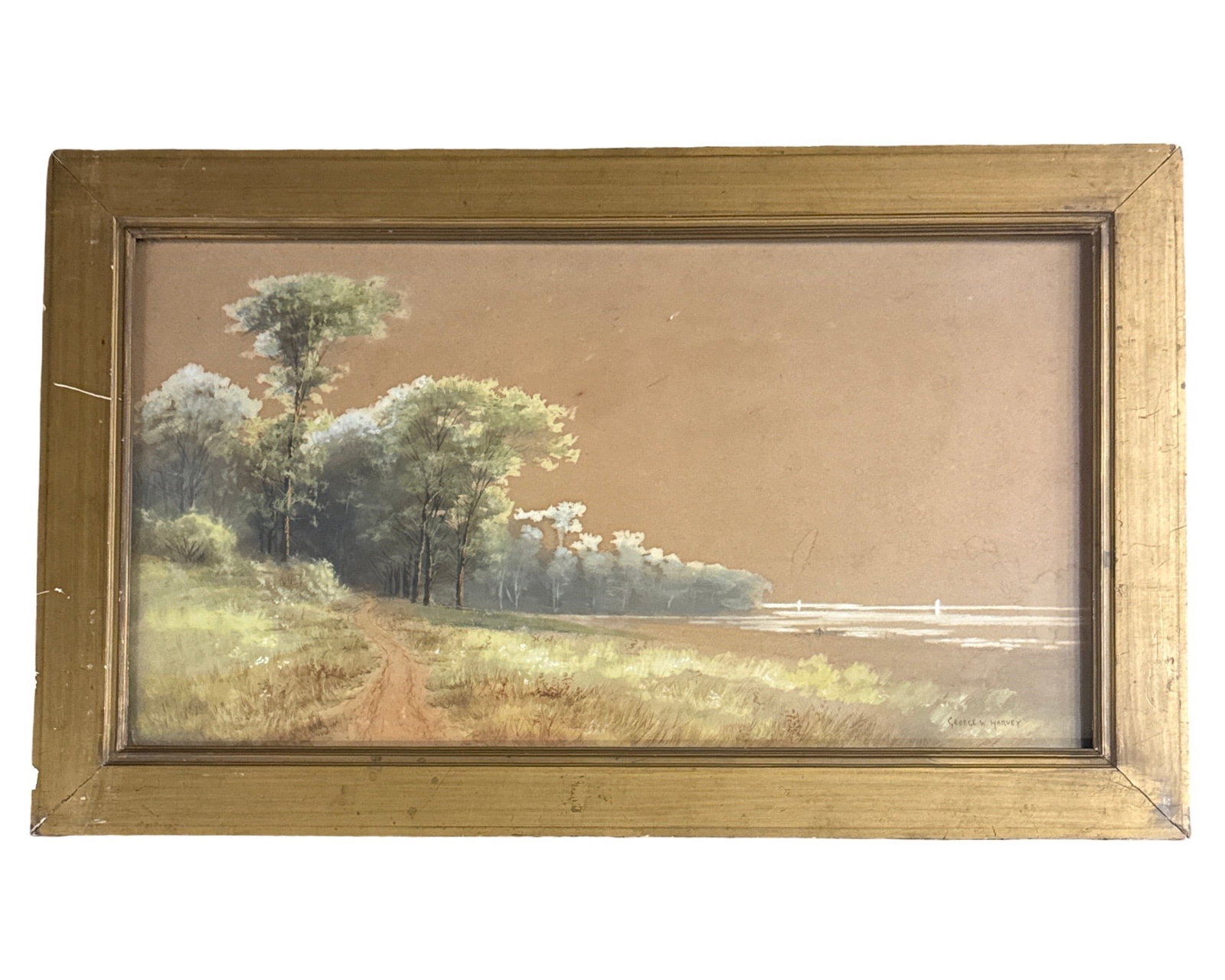 George Wainright Harvey (1855 - 1930) American/Holland: George Wainright Harvey (1855 - 1930) Watercolor & gouache on paper, signed lower right, piece measures 11 x 20 and 14 x 23.4 inches with frame. G.W. Harvey was born in 1855 in East Gloucester, Massac