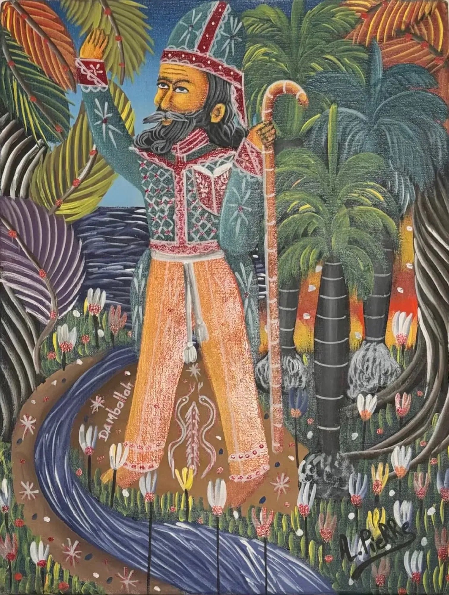 Andre Pierre ( 1916-2005 ) Damballa: Andre Pierre ( 1916-2005 ) Damballa Oil on canvas, signed lower right, measures 16 x 12 inches. Provenance- Private Miami Collection Artist Biography;Andre Pierre was born in Port-au-Prince, Haiti