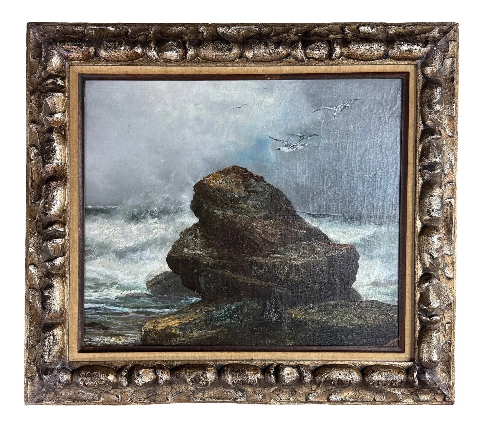 Peter Graham (Scottish, 1836-1921) Scottish Coast 1914: Peter Graham (1836 - 1921) Oil on Board depicting Seagulls on the Scottish Coast, signed lower right and on verso 1914, piece measures 17 x 20 and 24 x 27 inches w/frame. Graham's large paintings