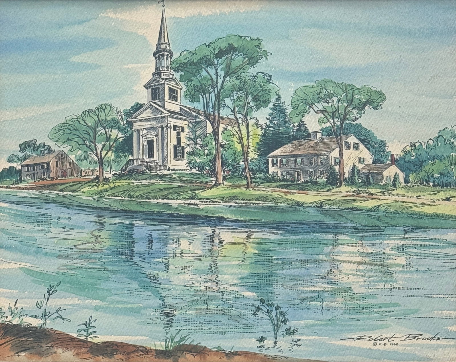 Robert Brooks (1922 - 1992) "Christopher Wren Church": Robert Brooks (1922 - 1992) Watercolor and ink, signed lower right and titled "Christopher Wren Church." Measures 8 x 10 and 14 x 16 inches w/frame. Artist Bio - Born at Fall River Mass. in 1922, he