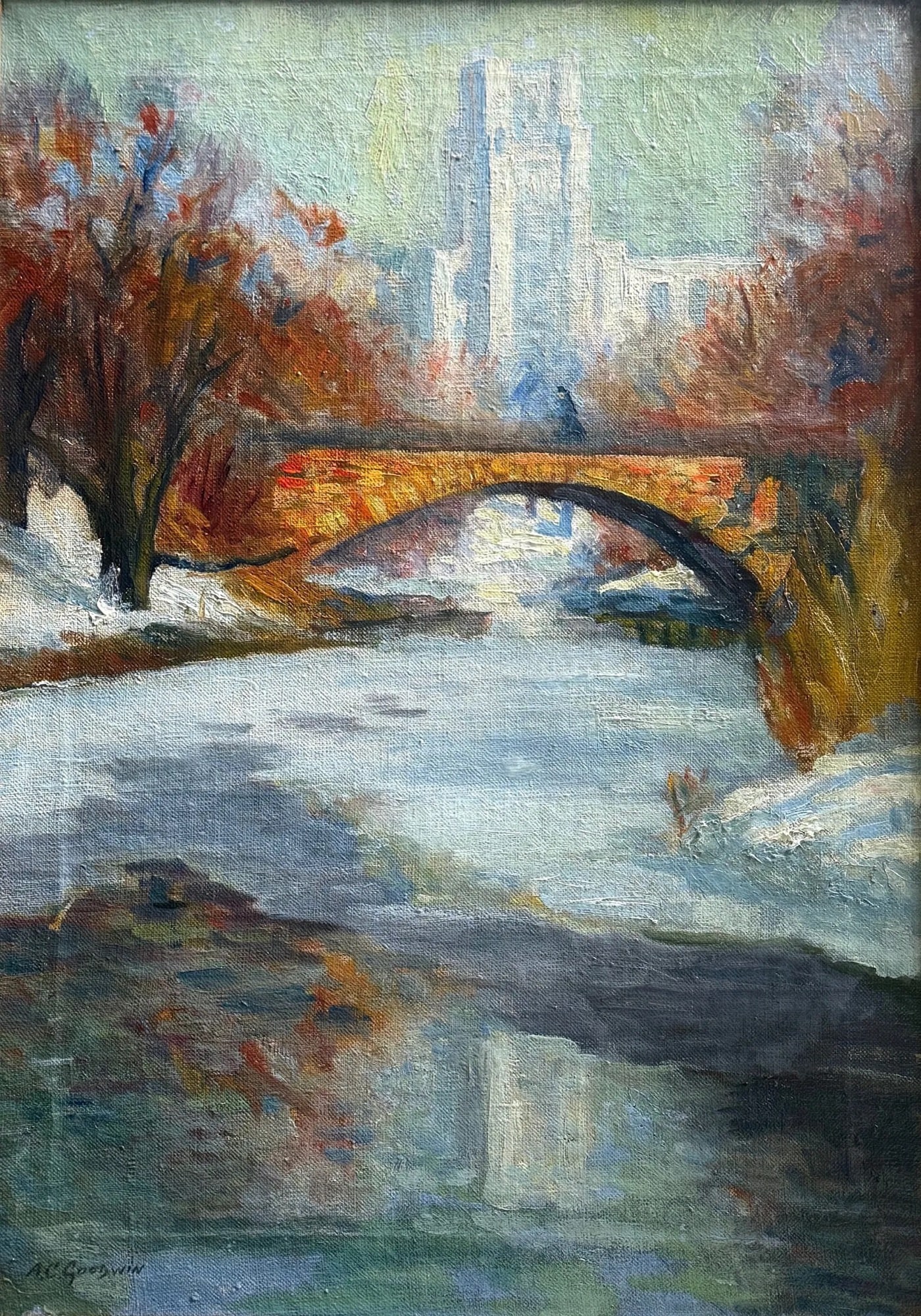 Arthur Clifton Goodwin (1864-1929) American: Arthur Clifton Goodwin (1864-1929) Oil on canvas, signed lower left, measures 24 x 16.5 and 28 x 21 inches framed.A painter especially known for street and waterfront scenes of Boston, Arthur Clifton
