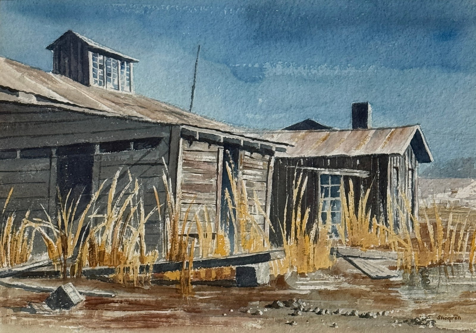 Kinley Shogren (1924 - 1991) American: Kinley Shogren (1924 - 1991) Watercolor on paper, signed lower right, measures 16 x 22 and 23 x 29 inches w/frame. Kinley Shogren is known for Maritime-Great Lakes, harbors. Active in Northeast Ohio,