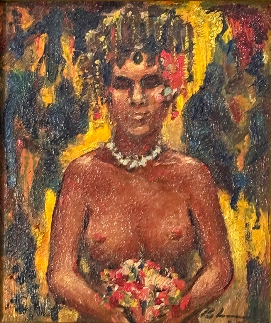 Antonio Maria Blanco (1911 - 1999) American/Indonesia/Philippines: Antonio Maria Blanco (1911 - 1999) Oil on board, signed lower right, measures 6 x 5 and 10.5 x 9.5 inches w/frame. Blanco, a resident of Bali, built his studio on top of a mountain overlooking the