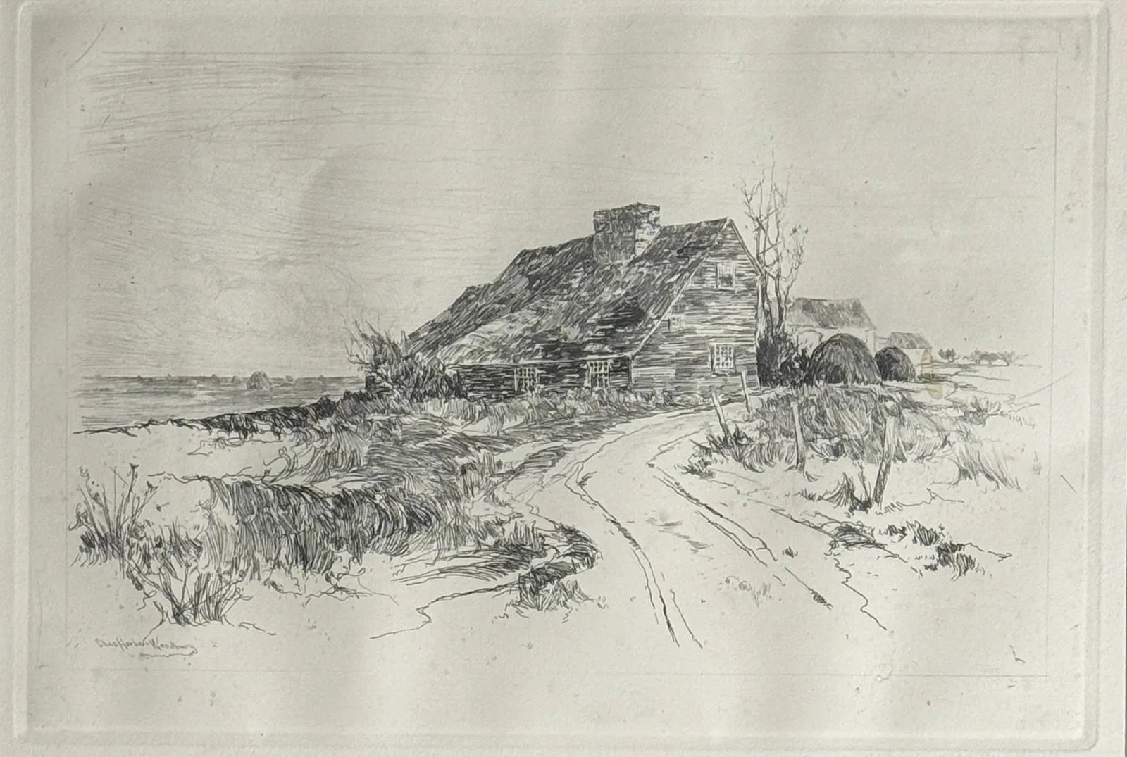 Charles Herbert Woodbury (1864 - 1940) "Nova Scotia Farm House": Charles Herbert Woodbury (1864 - 1940) "Nova Scotia Farm House" Etching Signed with pencil in lower left, titled and dated 1889' on verso. Measures 8 x 11.5 and 11.5 x 19.5 inches framed. Artist Bio -
