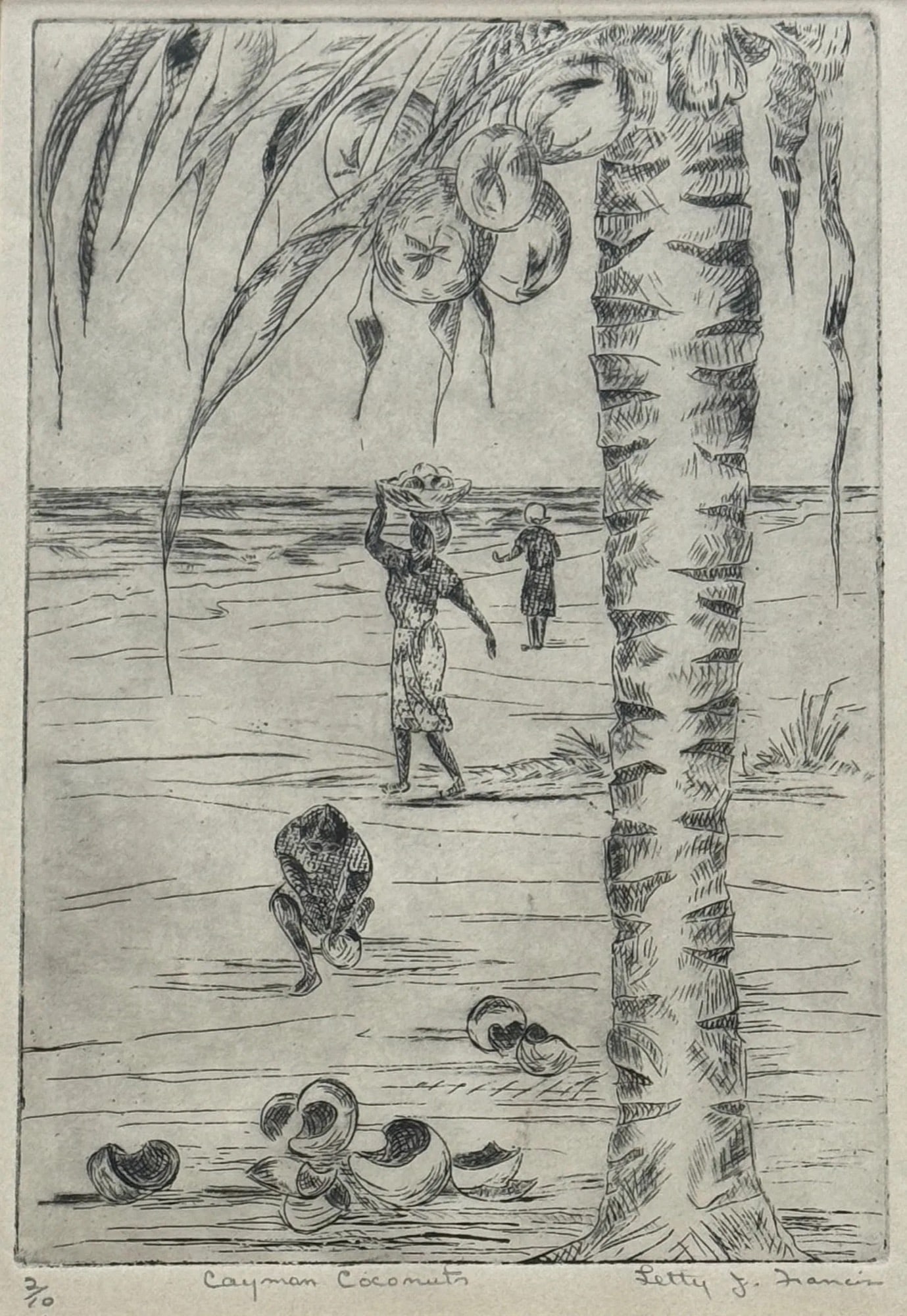 Letty Jones Francis Etching "Cayman Coconuts": Letty Jones Francis Etching "Cayman Coconuts" Signed, titled and numbered 2/10. Measures 6 x 4 and 9 x 6 inches framed.